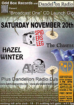 Flyer for the 'Broadcast One' Dandelion Radio compilation CD launch party on 20/11/2010